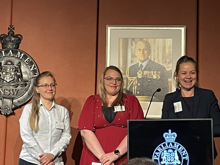 Iva Strnadova, Skie Sarfaraz and Emma Palmer speak at NSW Parliament