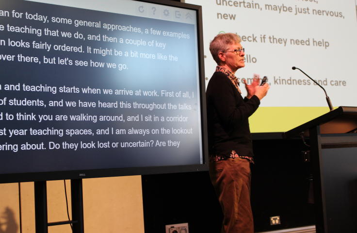 Associate Professor Michelle Madigan in front of a large screen presenting