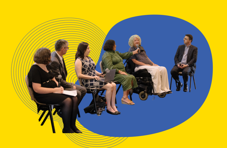 Yellow and blue background with seated speakers