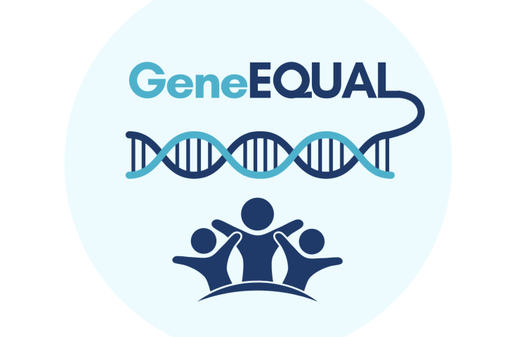 The GeneEQUAL logo: GeneEQUAL above a double helix of DNA and three figures with their arms raised