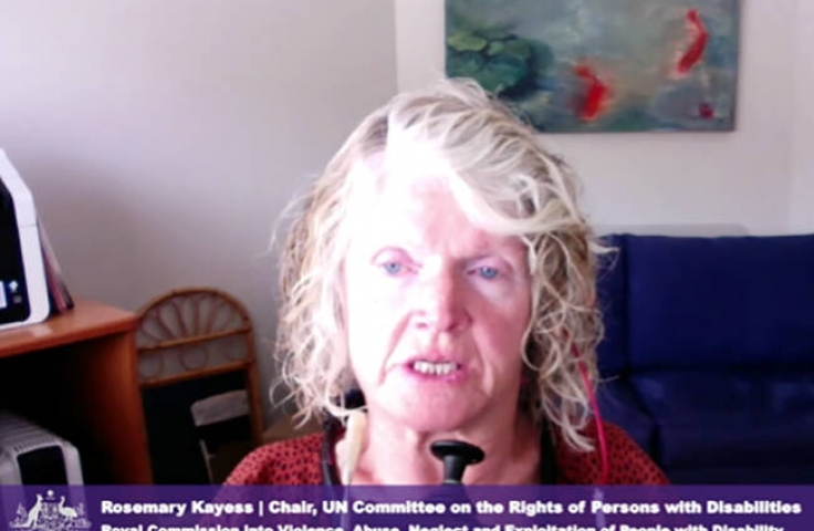 Rosemary Kayess is speaking. Text reads: Rosemary Kayess, Chair, UN Committee on the Rights of Persons with Disabilities, Royal Commission into Violence, Abuse, Neglect and Exploitation of People with Disability