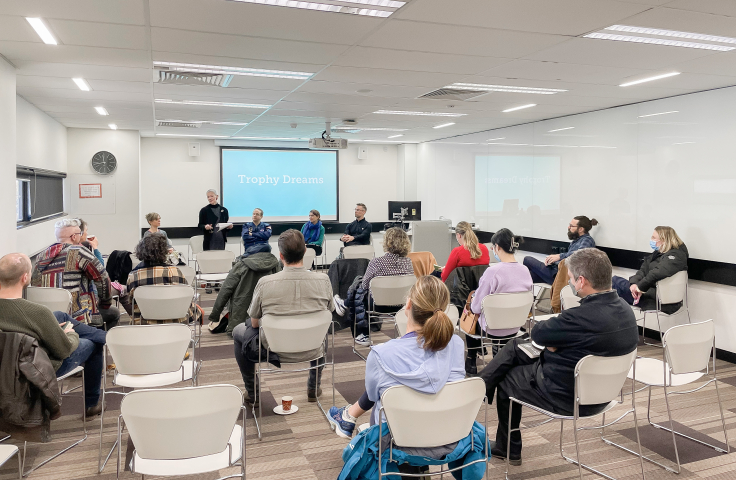 Gabrielle Mordy, Jackie Leach Scully, Greg Sindel, Chloe Watfern and Scott Brown present at the Trophy Dreams Visual Communication Symposium at the UNSW Library