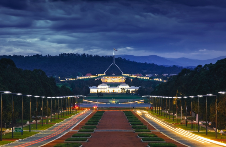 Parliament house in Canberra at night 
